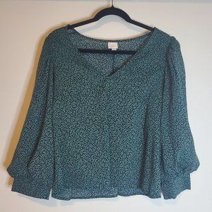 Black Floral Blouse with small green leaf like design
